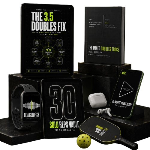 The 3.5 Doubles Fix bundle: Solo Reps Vault, Court Bag Cheat Cards, 90-Second Debrief cards, tablet showing the program and phone with the Court-Ready audio warmup